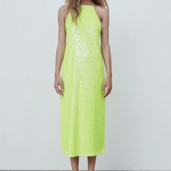 NWT ZARA Neon Green Sequin Strappy Back Square Neck Midi Dress - Picture 4 of 6